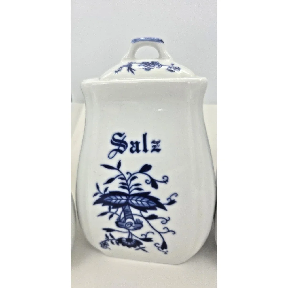 German Vtg Blue Onion Canister Set Of 4 Ceramic Allerlei Mehl Salz Zucker